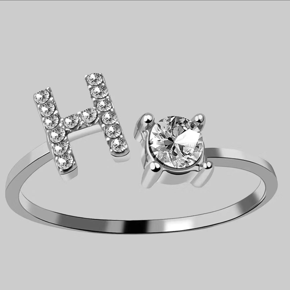 Letter H Adjustable One Size Silver Ring w. Rhinestones